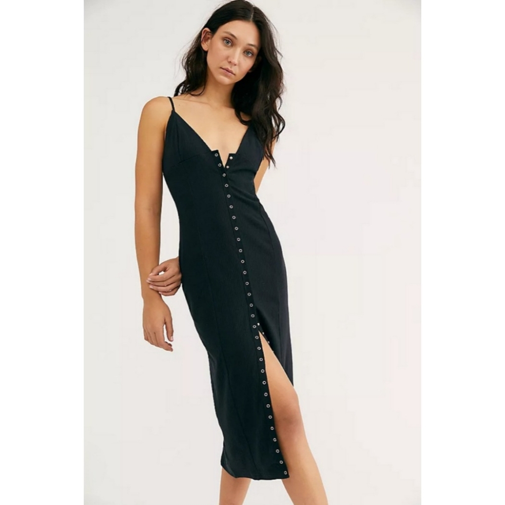 Free People Black Button-Front Midi Dress